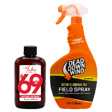 Tink’s® #69 Doe-In-Rut® 4oz + Dead Down Wind™ Field Spray 32oz tall spray bottle beside small squeeze bottle - B-W6202-133218