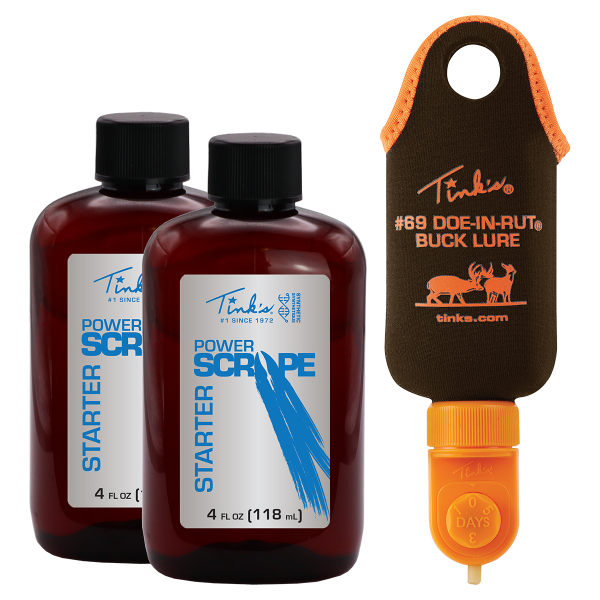 Tink's® Dial-A-Dripper Mock Scrape Starter Kit two bottles beside a hanging fabric pouch - W5105