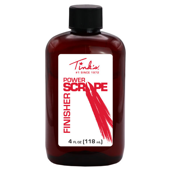 Tink's® Power Scrape® Pre-Rut Finisher - 4oz. dark red bottle on white background - W5225