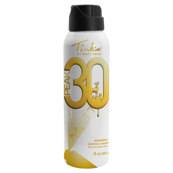 PEAK30 Premium Doe Estrus 3 oz. Hot Shot Mist front of spray can with black cap - W5343