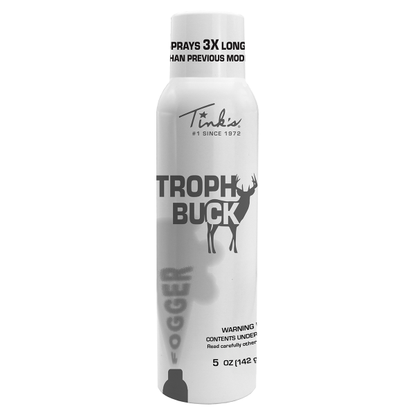 Tink's® Trophy Buck Fogger upright white aerosol can, front view - W5502