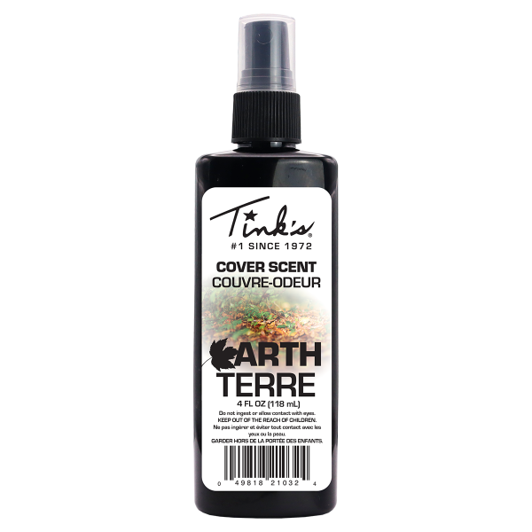 Tink's® Earth Cover Scent - 4 oz. black spray bottle upright on white - W5906