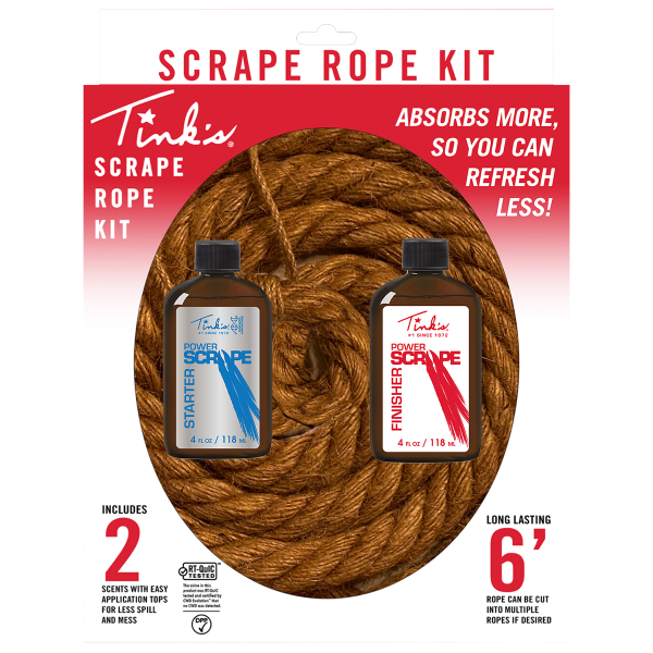 Tink’s® Power Scrape Rope Kit coiled rope with two bottles in packaging - W5943