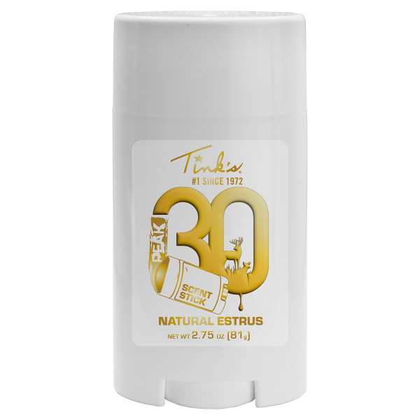 PEAK30 Premium Doe Estrus Natural Stick 2.75 oz front of white stick container standing upright - W6227