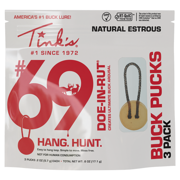 Tink's® #69 Doe-in-Rut Buck Pucks sealed pouch with window showing hanging puck - W6340