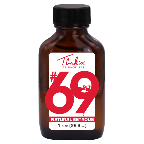 Tink's® #69 Doe-In-Rut® Classic Glass - 1 oz. front of amber glass bottle - W6380