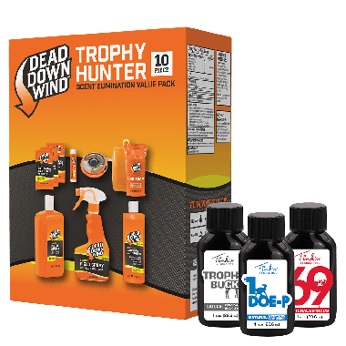 Tink’s Natural Hunt Success Kit + Dead Down Wind Trophy Hunter Kit box in three-quarter view beside bottles - B-W6000-2085