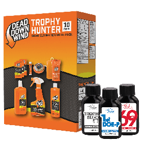 Tink’s Natural Hunt Success Kit + Dead Down Wind Trophy Hunter Kit box in three-quarter view beside bottles - B-W6000-2085